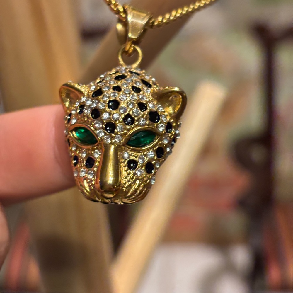 Gold Leopard Head Pendant Necklace with Black and Green Accents